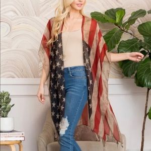 NIP Sheer & Flowing Flag Kimono Patriotic Red White Blue One Size July 4th